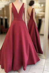 Red V Neck Satin Long Evening Prom Dresses, Red Evening Dresses
